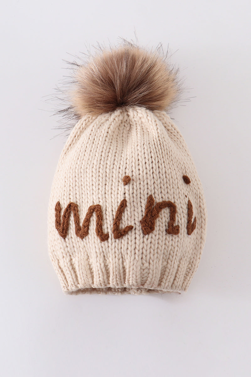 Hand embroidered pom pom beanie hat mama & mini