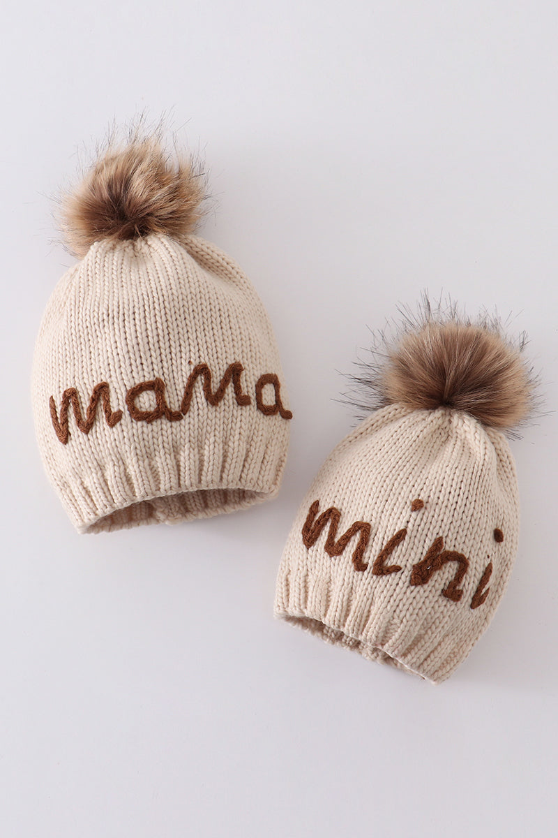 Hand embroidered pom pom beanie hat mama & mini