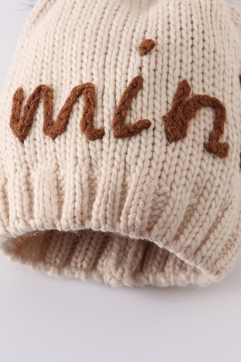 Hand embroidered pom pom beanie hat mama & mini